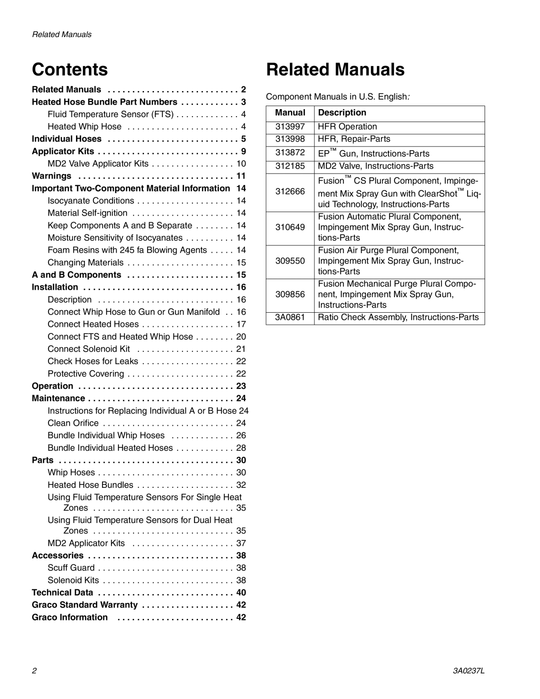 Graco 3A0237L important safety instructions Contents, Related Manuals 