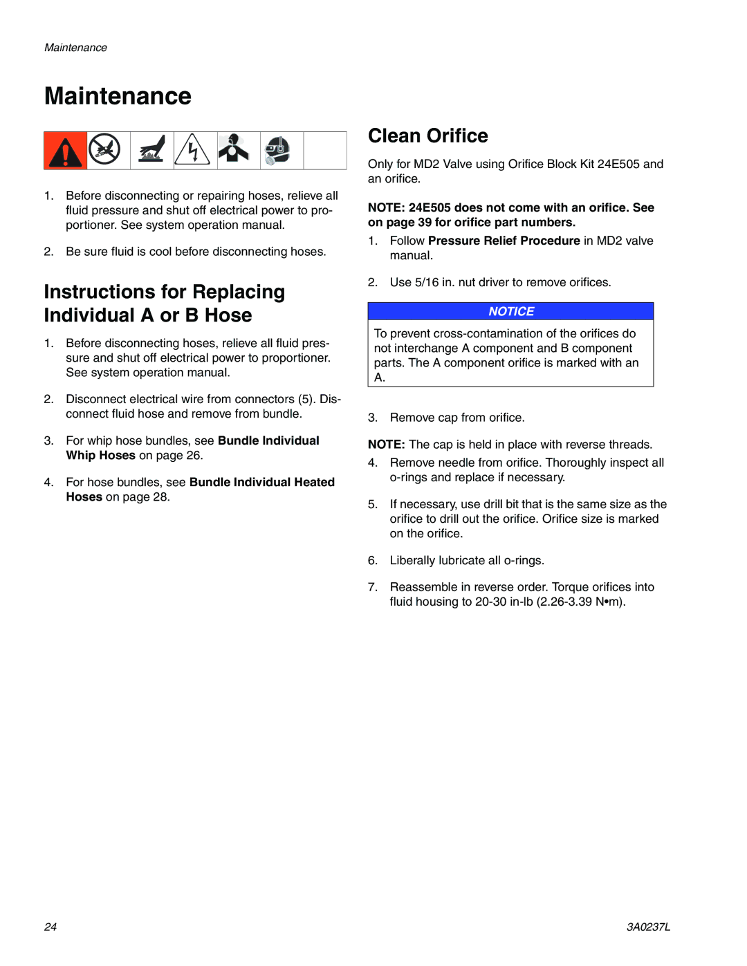 Graco 3A0237L important safety instructions Maintenance, Instructions for Replacing Individual a or B Hose, Clean Orifice 