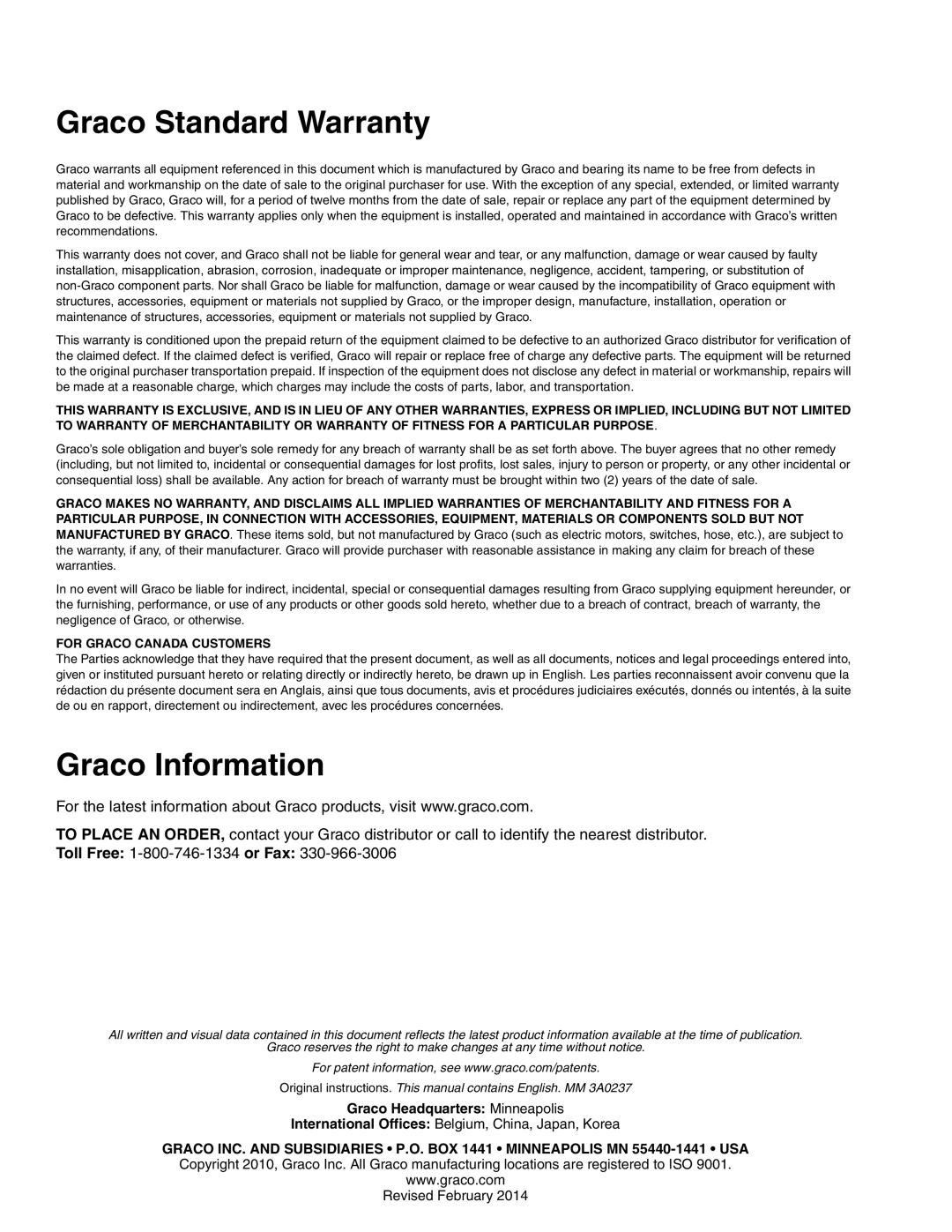 Graco 3A0237L important safety instructions Graco Standard Warranty, Graco Information 