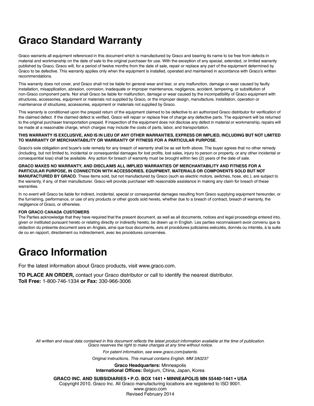 Graco 3A0237L important safety instructions Graco Standard Warranty, Graco Information, Graco Headquarters Minneapolis 
