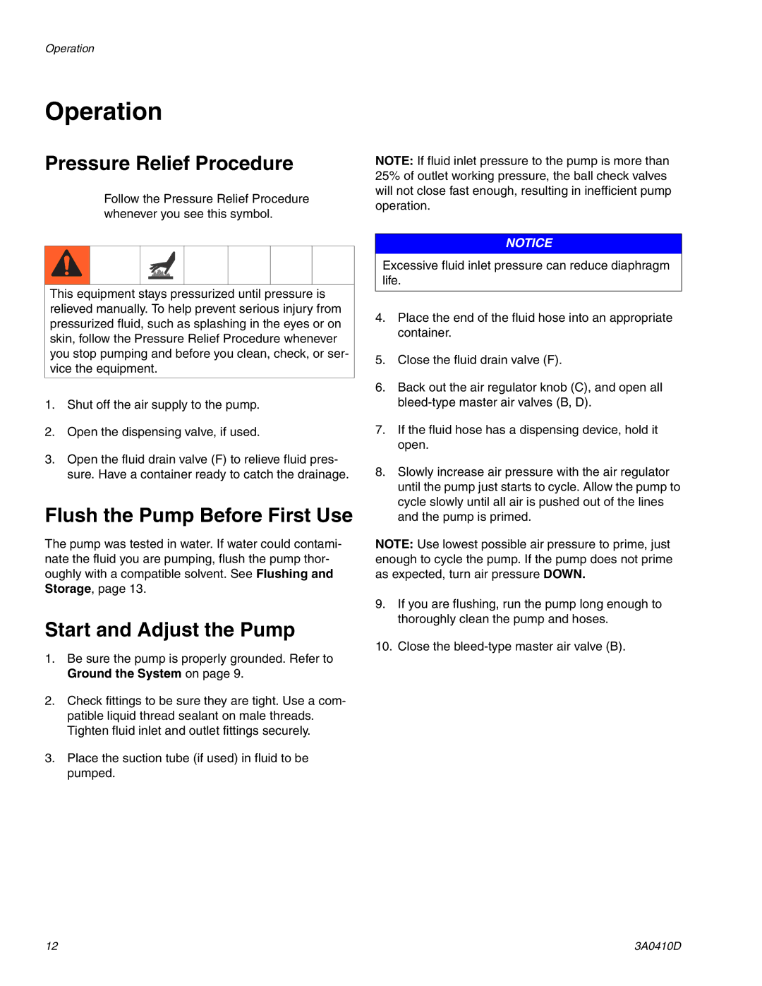 Graco 3A0410D Operation, Pressure Relief Procedure, Flush the Pump Before First Use, Start and Adjust the Pump 