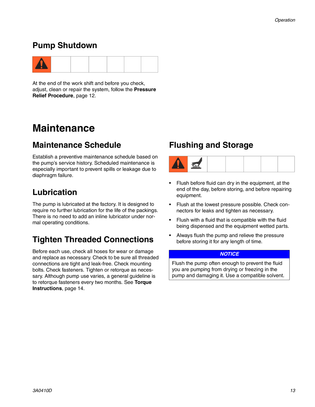 Graco 3A0410D Pump Shutdown, Maintenance Schedule Flushing and Storage, Lubrication, Tighten Threaded Connections 