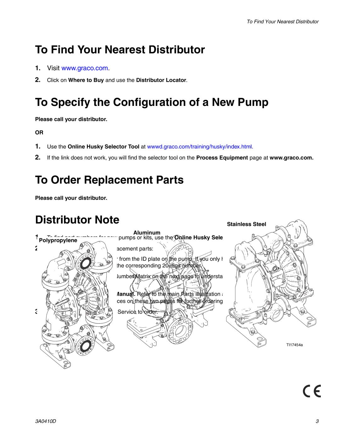 Graco 3A0410D To Find Your Nearest Distributor, To Specify the Configuration of a New Pump, To Order Replacement Parts 