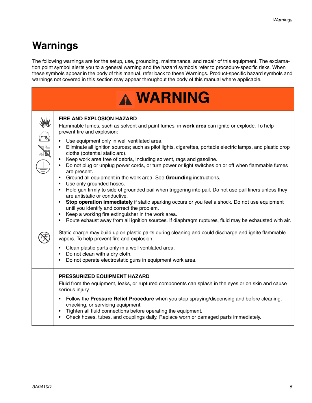 Graco 3A0410D important safety instructions Fire and Explosion Hazard 