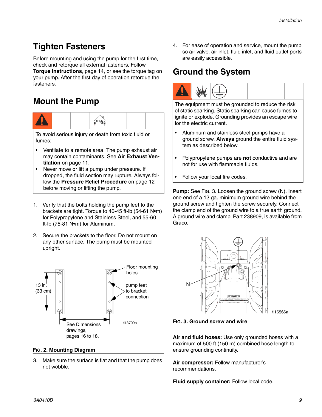 Graco 3A0410D Tighten Fasteners, Mount the Pump, Ground the System, Fluid supply container Follow local code 