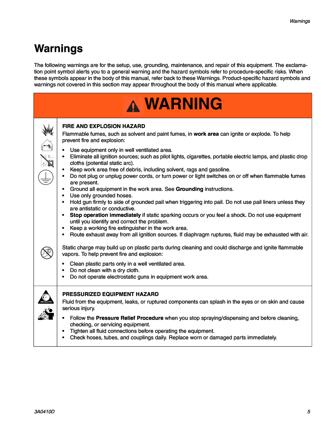 Graco 3A0410D important safety instructions Warnings, Fire And Explosion Hazard, Pressurized Equipment Hazard 