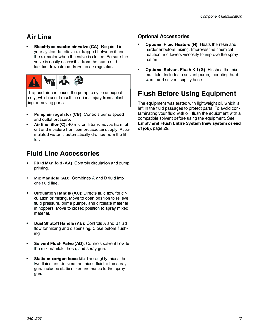 Graco 3A0420T Air Line, Fluid Line Accessories, Flush Before Using Equipment, Optional Accessories 