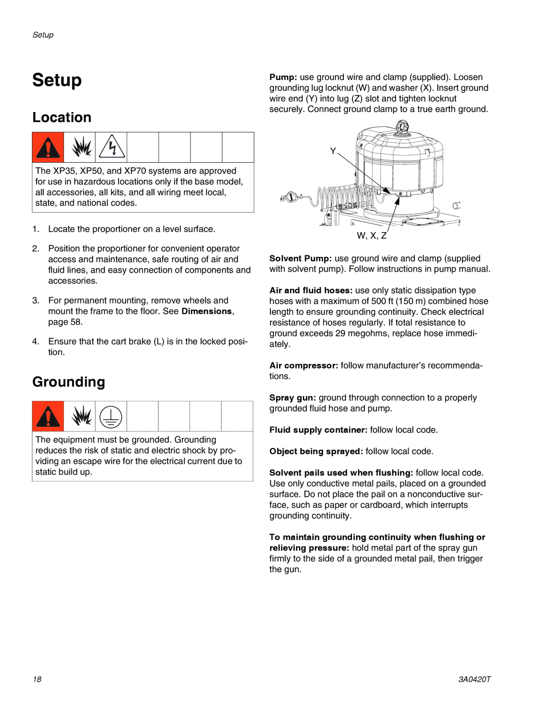 Graco 3A0420T important safety instructions Setup, Location, Grounding 