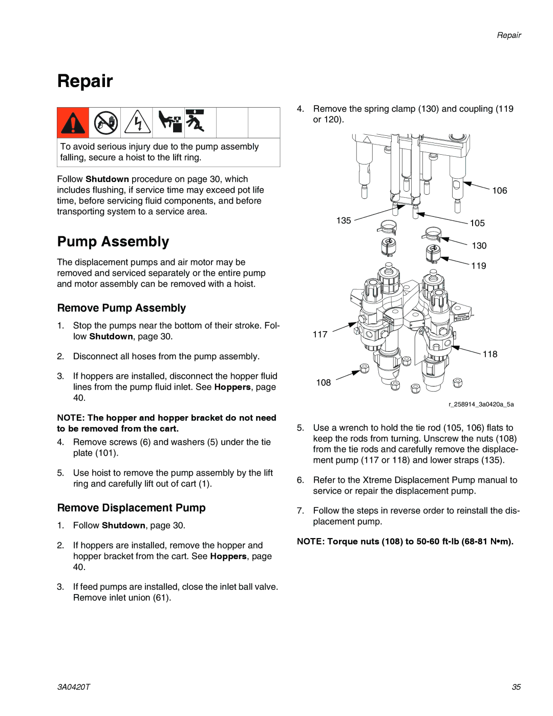 Graco 3A0420T important safety instructions Repair, Remove Pump Assembly, Remove Displacement Pump 