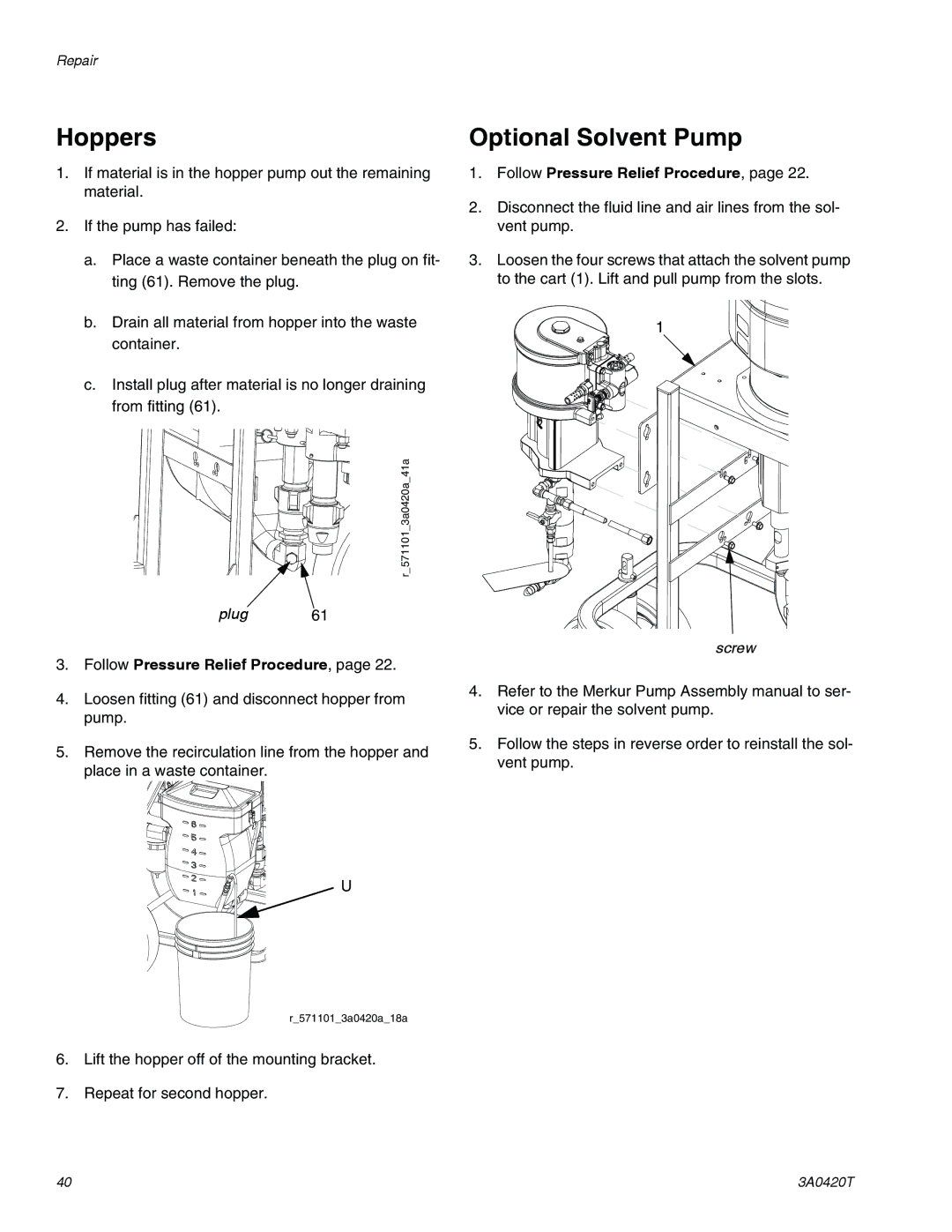 Graco 3A0420T important safety instructions Hoppers, Optional Solvent Pump 