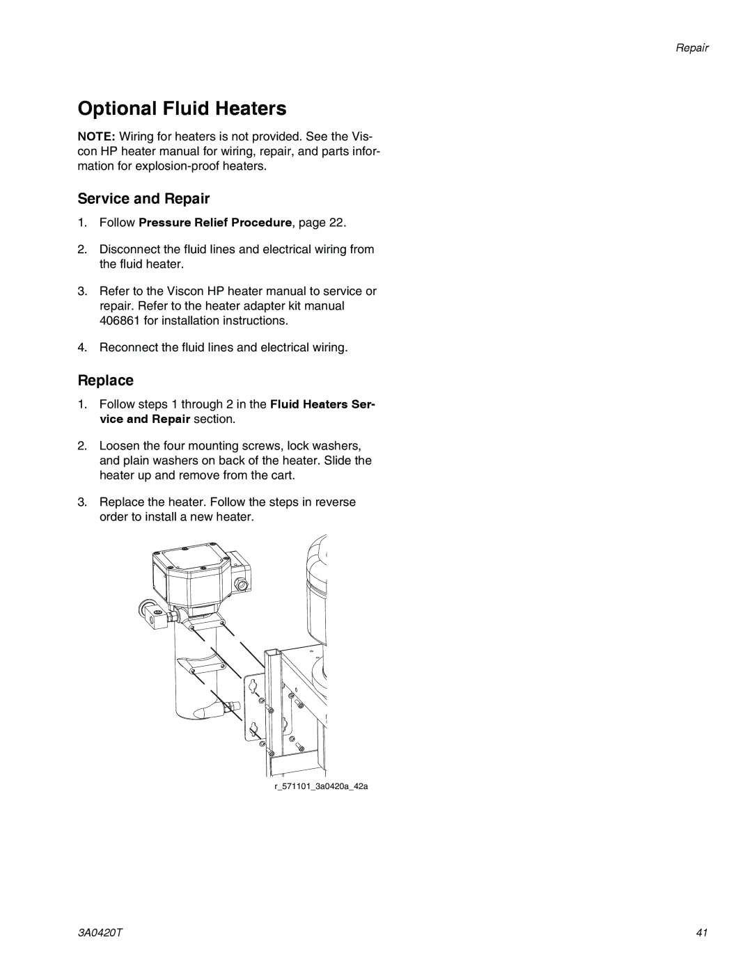 Graco 3A0420T important safety instructions Optional Fluid Heaters, Service and Repair, Replace 