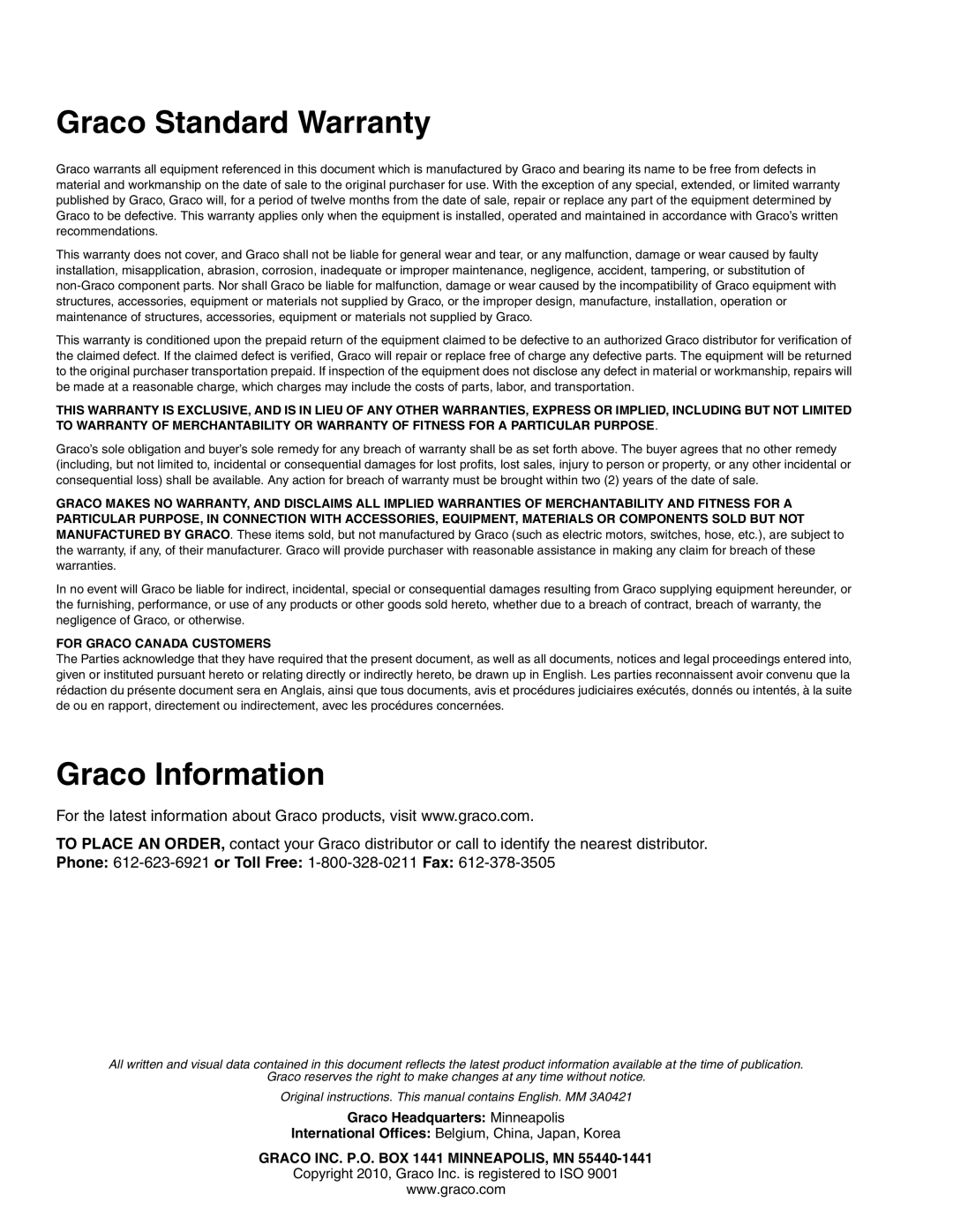 Graco 3A0421A important safety instructions Graco Standard Warranty, Graco Information 