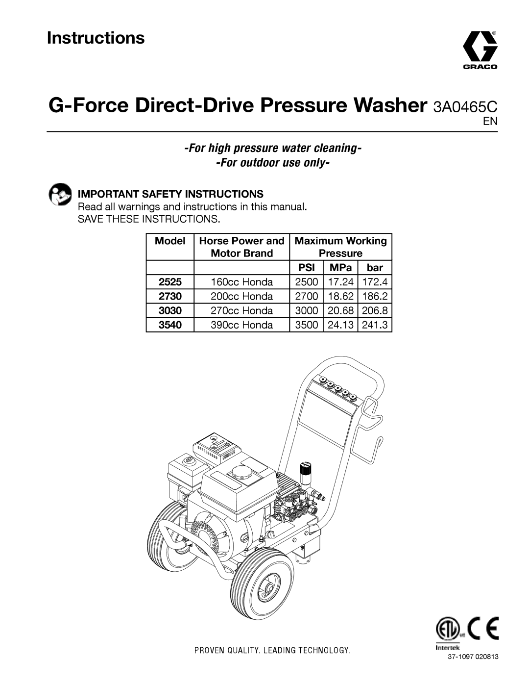 Graco 3A0465C important safety instructions Pressure, 2525, 2730, 3030, 3540 