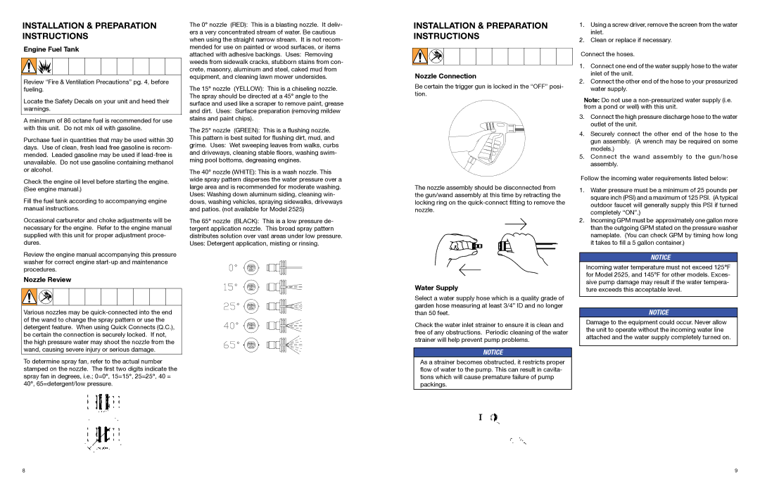 Graco 3A0465C Installation & Preparation Instructions, Engine Fuel Tank, Nozzle Review, Nozzle Connection, Water Supply 