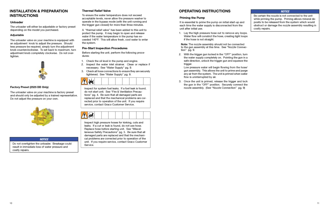 Graco 3A0465C Operating Instructions, Unloader, Thermal Relief Valve, Pre-Start Inspection Procedures, Priming the Pump 