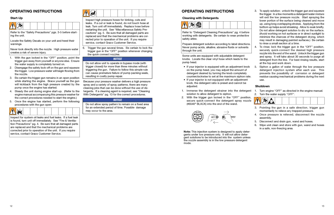 Graco 3A0465C important safety instructions Start-Up, Cleaning with Detergents, Shutdown 