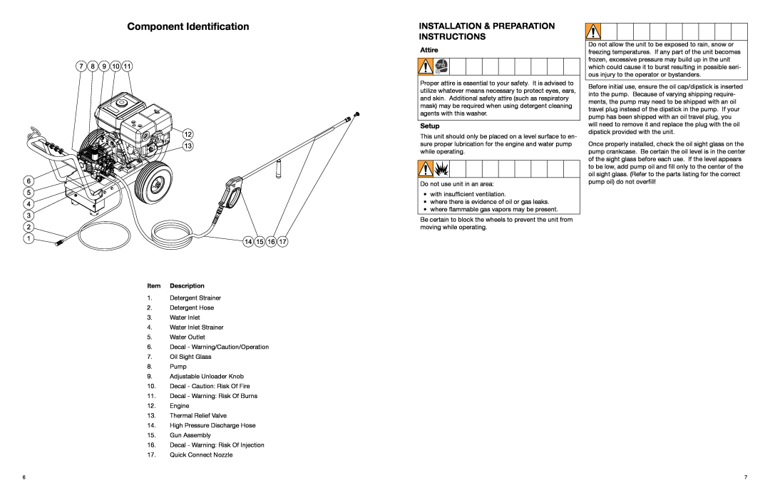 Graco 3A0465C Component Identification, Instructions, Installation & Preparation, Attire, Setup, Item Description 