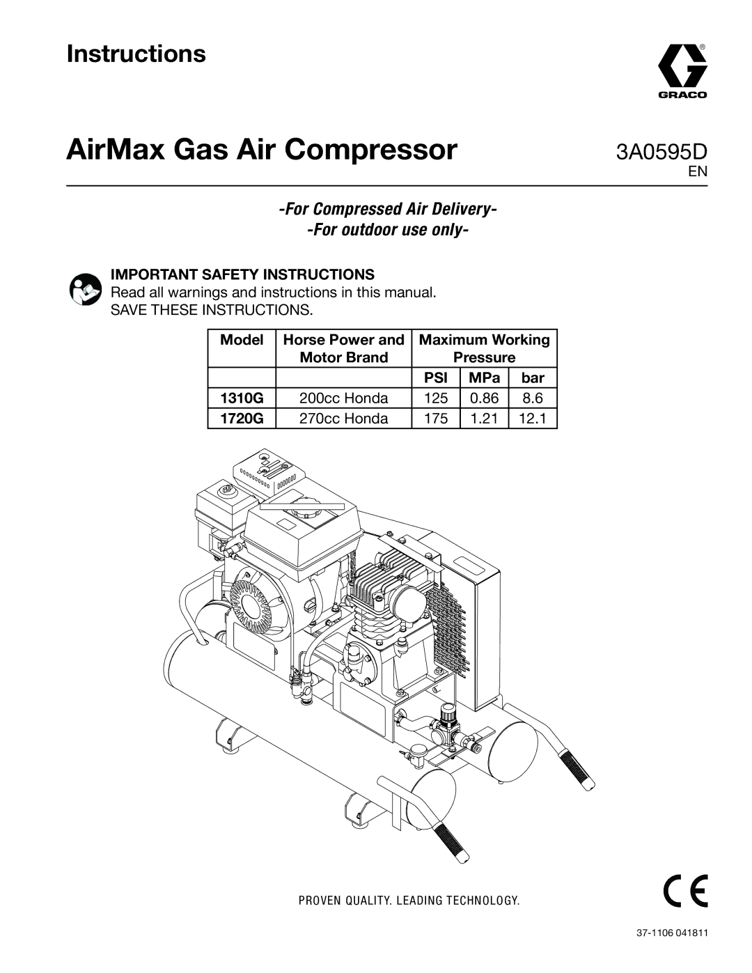 Graco 3A0595D important safety instructions AirMax Gas Air Compressor, Pressure 