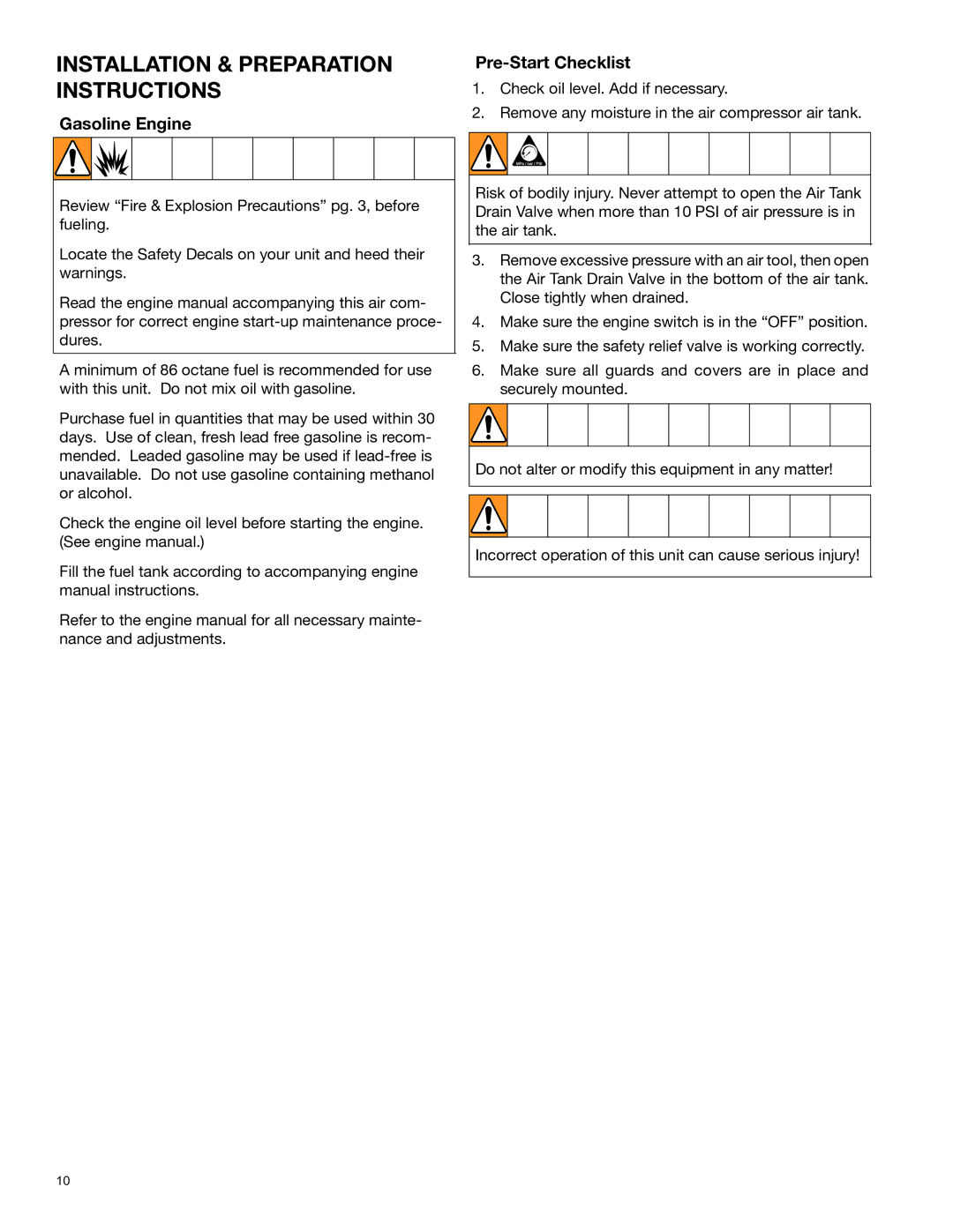 Graco 3A0595D important safety instructions Gasoline Engine, Pre-Start Checklist 