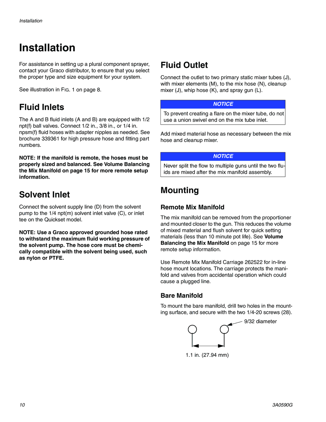 Graco 3A059OG important safety instructions Installation, Fluid Inlets, Fluid Outlet, Solvent Inlet, Mounting 
