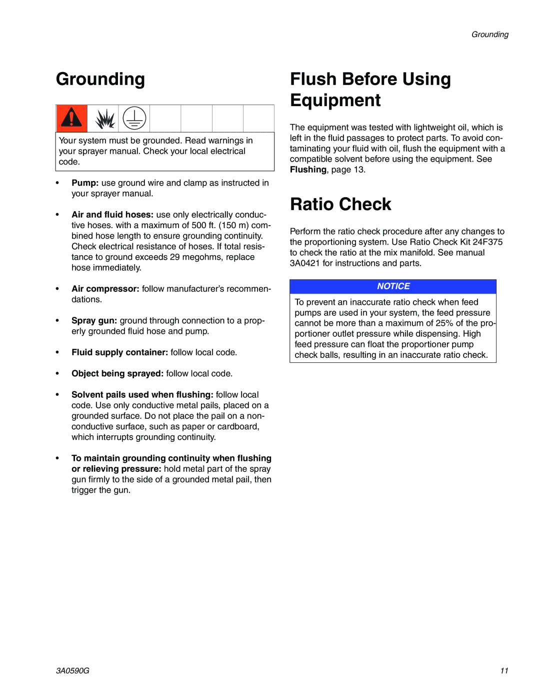 Graco 3A059OG important safety instructions Grounding, Flush Before Using Equipment, Ratio Check 