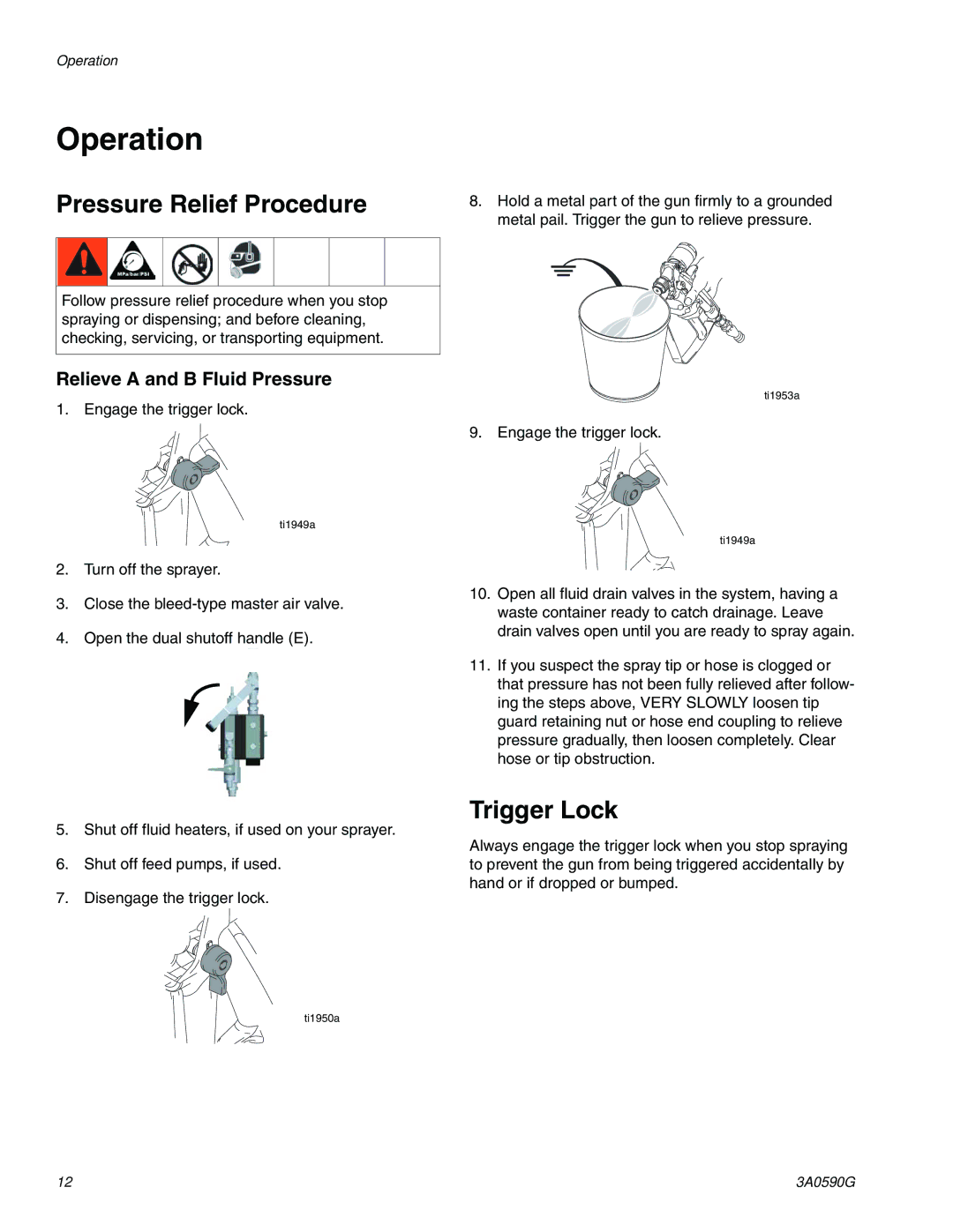 Graco 3A059OG Operation, Pressure Relief Procedure, Trigger Lock, Relieve a and B Fluid Pressure 