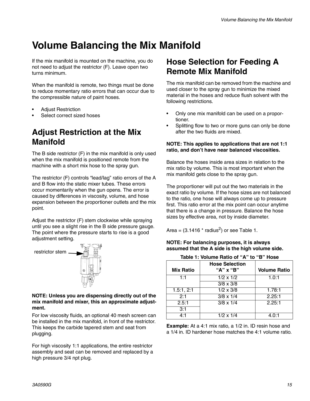 Graco 3A059OG important safety instructions Volume Balancing the Mix Manifold, Adjust Restriction at the Mix Manifold 