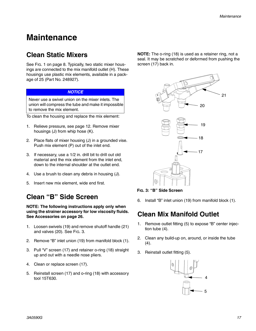 Graco 3A059OG Maintenance, Clean Static Mixers, Clean B Side Screen, Clean Mix Manifold Outlet 