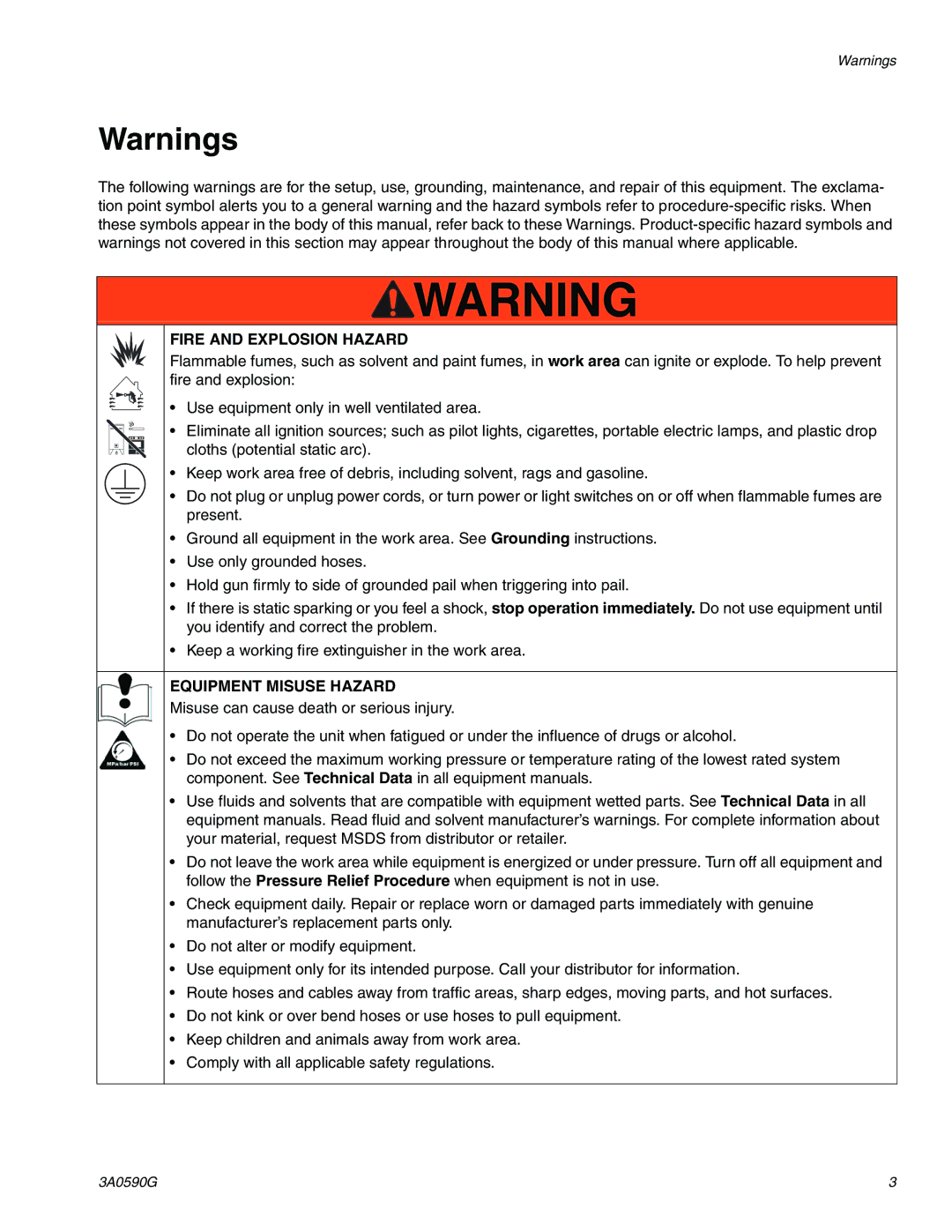 Graco 3A059OG important safety instructions Fire and Explosion Hazard 