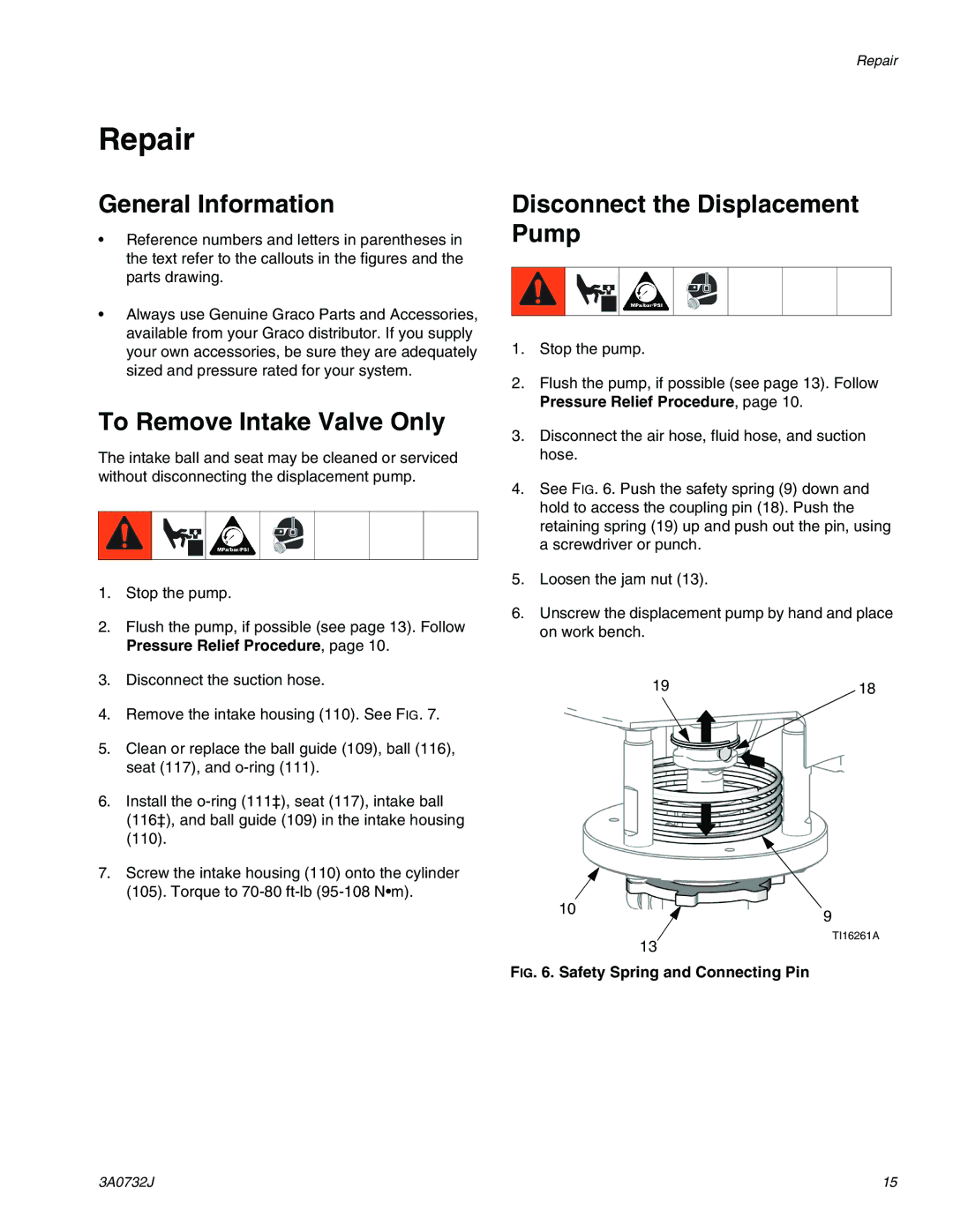 Graco 3A0732J Repair, General Information, To Remove Intake Valve Only, Disconnect the Displacement Pump 