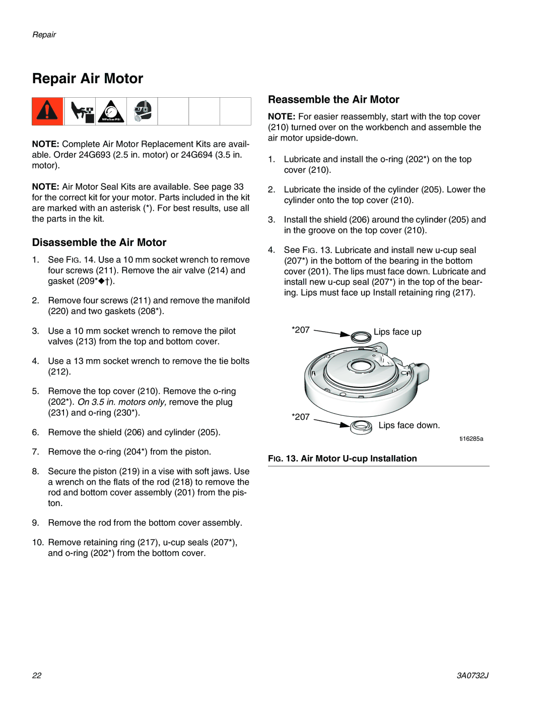 Graco 3A0732J important safety instructions Repair Air Motor, Air Motor U-cup Installation 