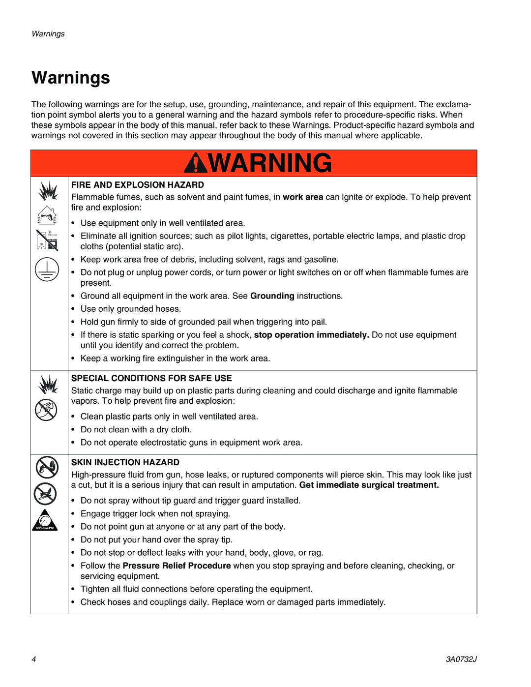 Graco 3A0732J important safety instructions Fire and Explosion Hazard 