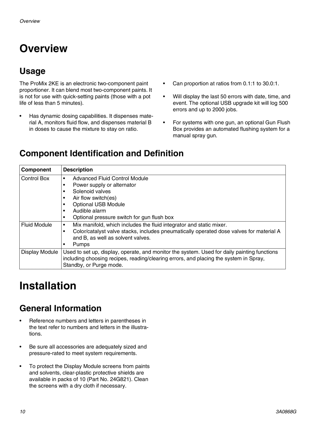 Graco 3A0868G Overview, Installation, Usage, Component Identification and Definition, General Information 