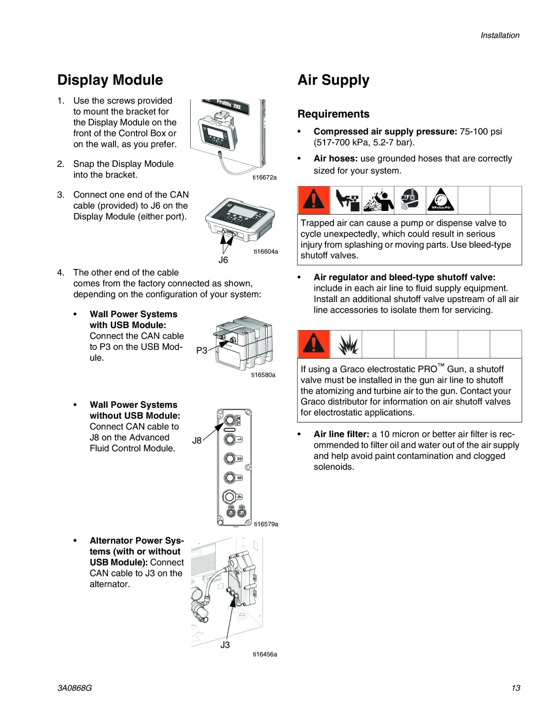 Graco 3A0868G Display Module, Air Supply, Requirements, Air regulator and bleed-type shutoff valve 