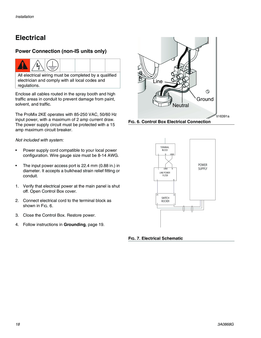 Graco 3A0868G important safety instructions Electrical, Power Connection non-IS units only 