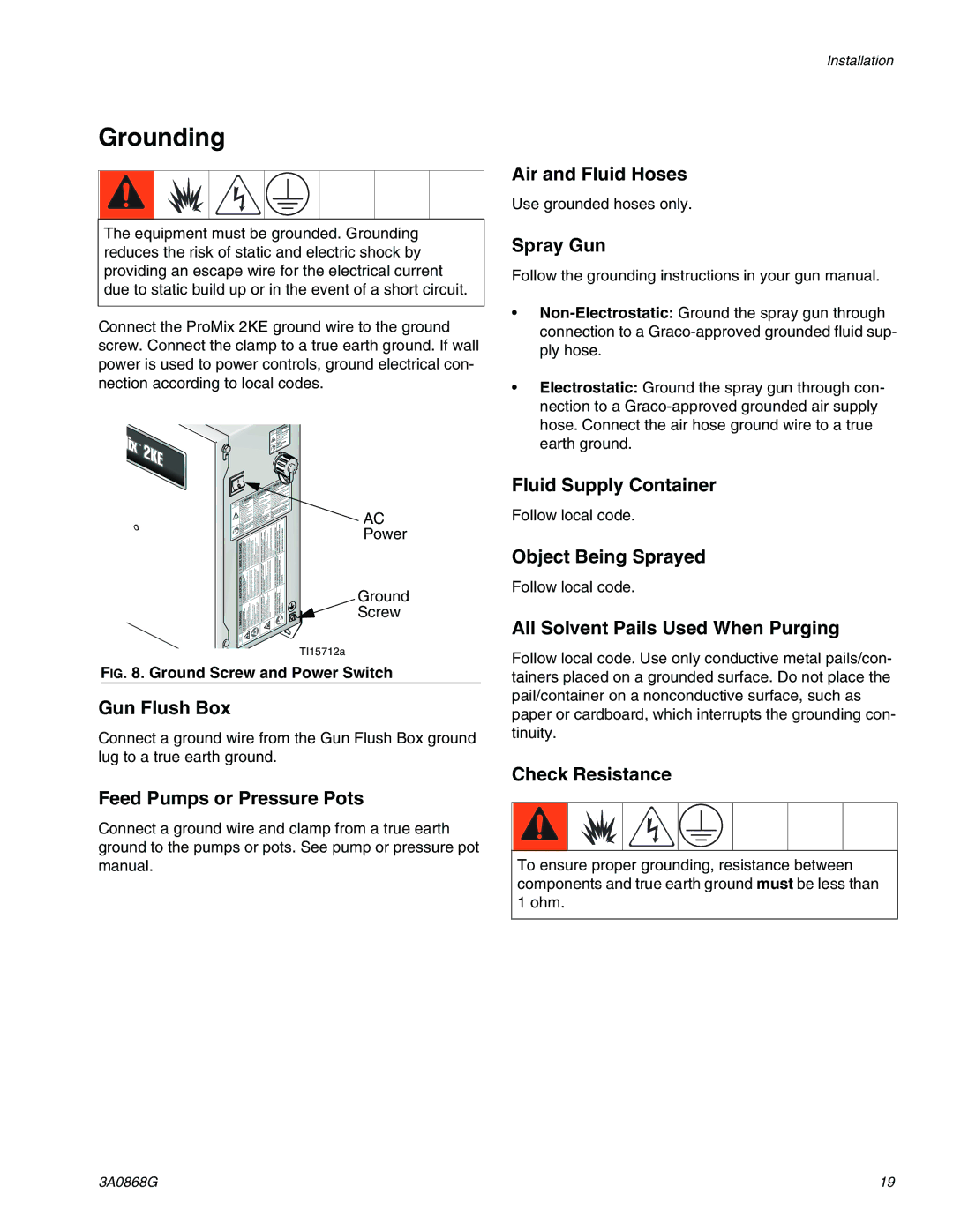 Graco 3A0868G important safety instructions Grounding 