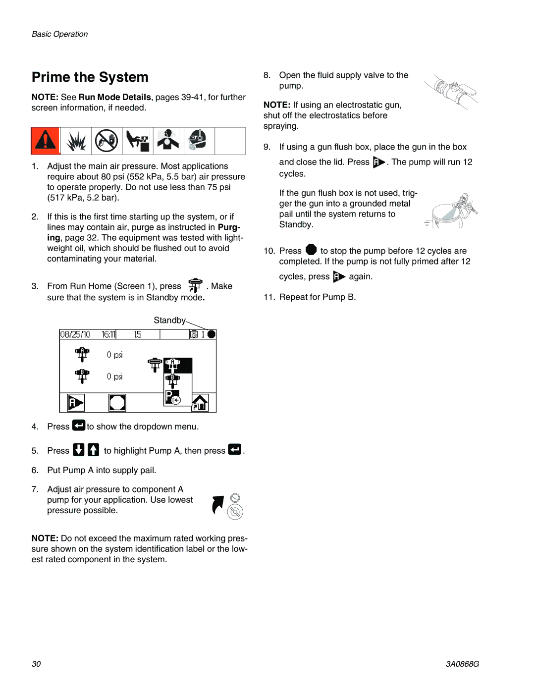 Graco 3A0868G important safety instructions Prime the System 