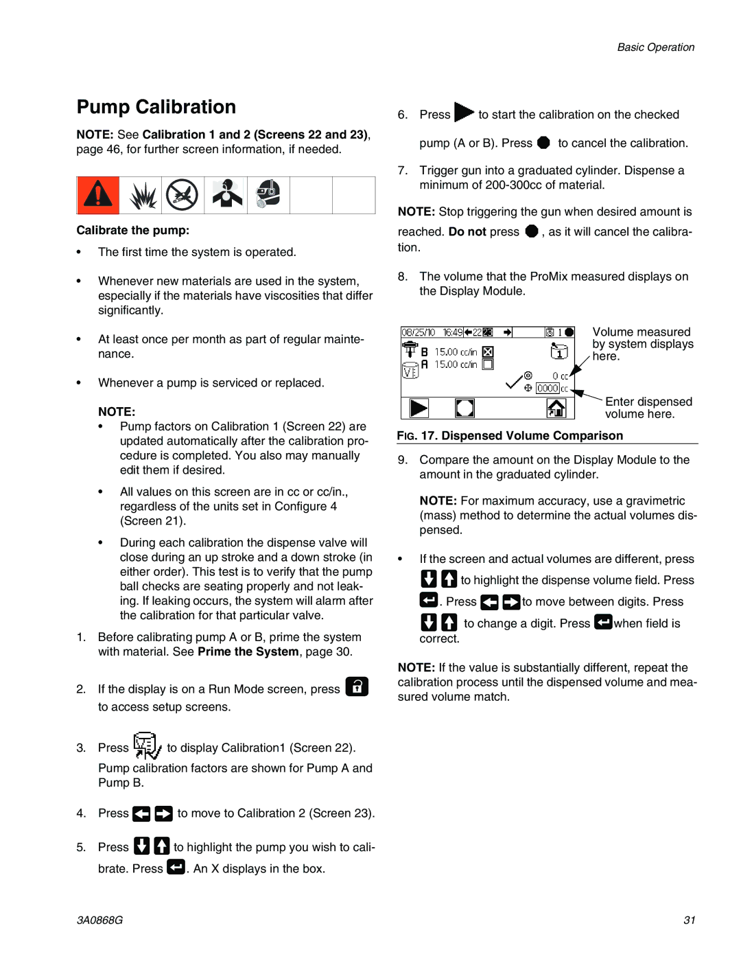 Graco 3A0868G important safety instructions Pump Calibration, Calibrate the pump 