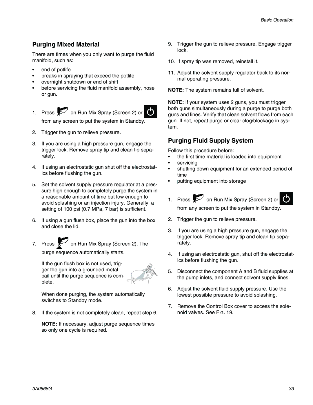 Graco 3A0868G important safety instructions Purging Mixed Material, Purging Fluid Supply System 