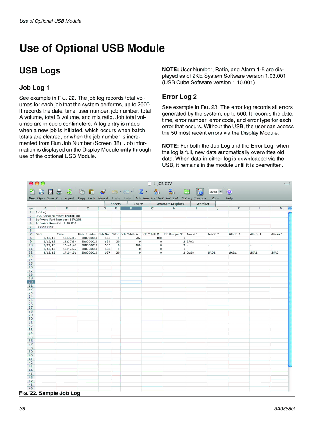 Graco 3A0868G important safety instructions Use of Optional USB Module, USB Logs, Job Log, Error Log 