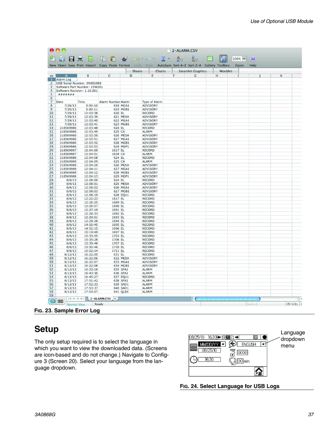 Graco 3A0868G important safety instructions Setup, Sample Error Log 