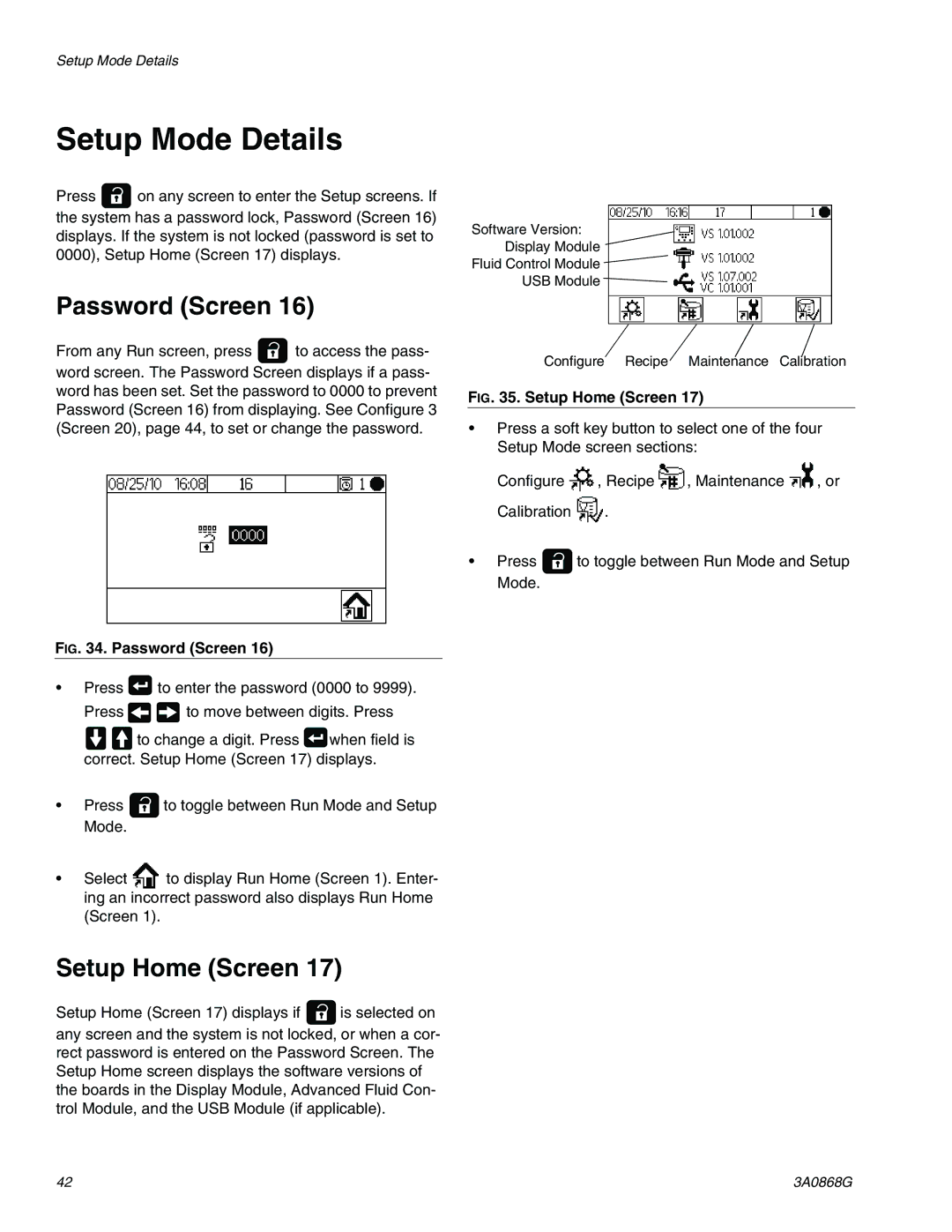 Graco 3A0868G important safety instructions Setup Mode Details, Password Screen, Setup Home Screen 