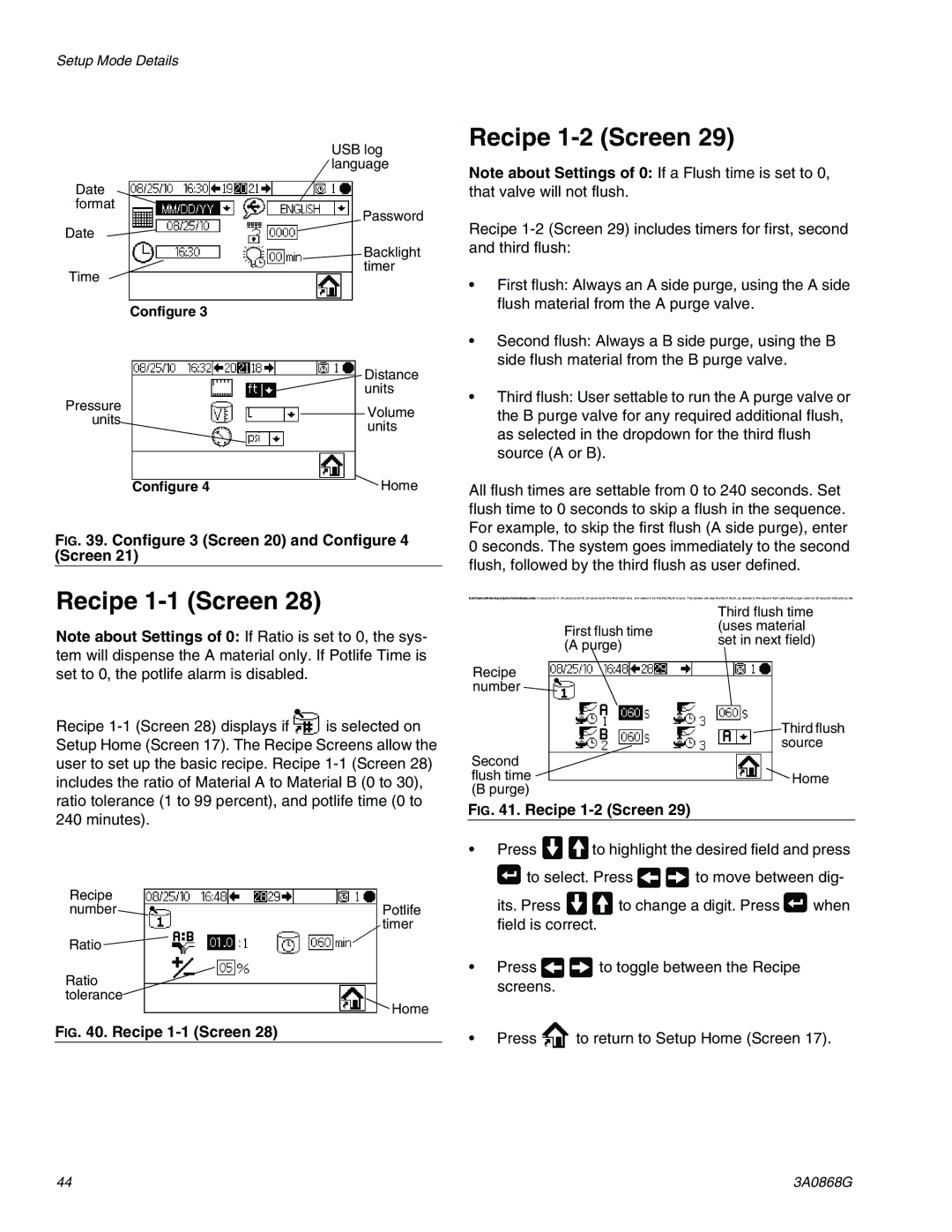 Graco 3A0868G Recipe 1-1 Screen Recipe 1-2 Screen, Configure 3 Screen 20 and Configure 4 Screen 