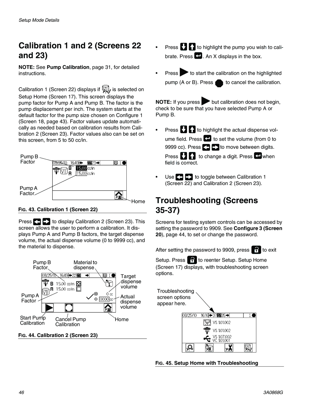 Graco 3A0868G important safety instructions Calibration 1 and 2 Screens 22, Troubleshooting Screens 