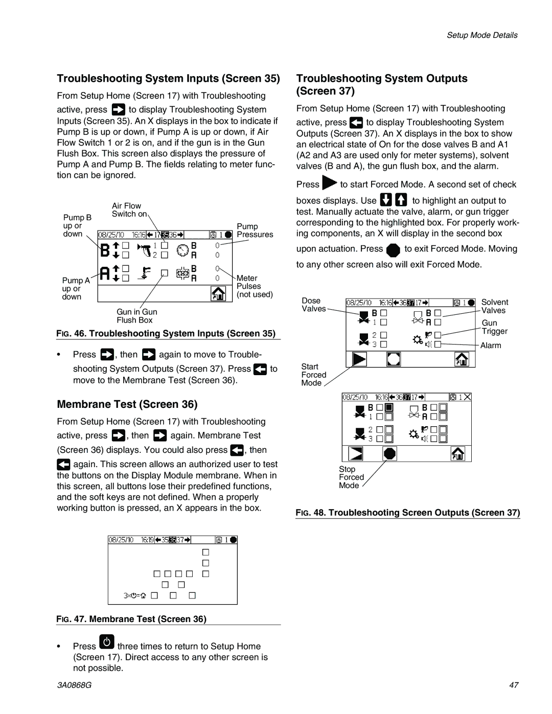 Graco 3A0868G Troubleshooting System Inputs Screen, Troubleshooting System Outputs Screen, Membrane Test Screen 