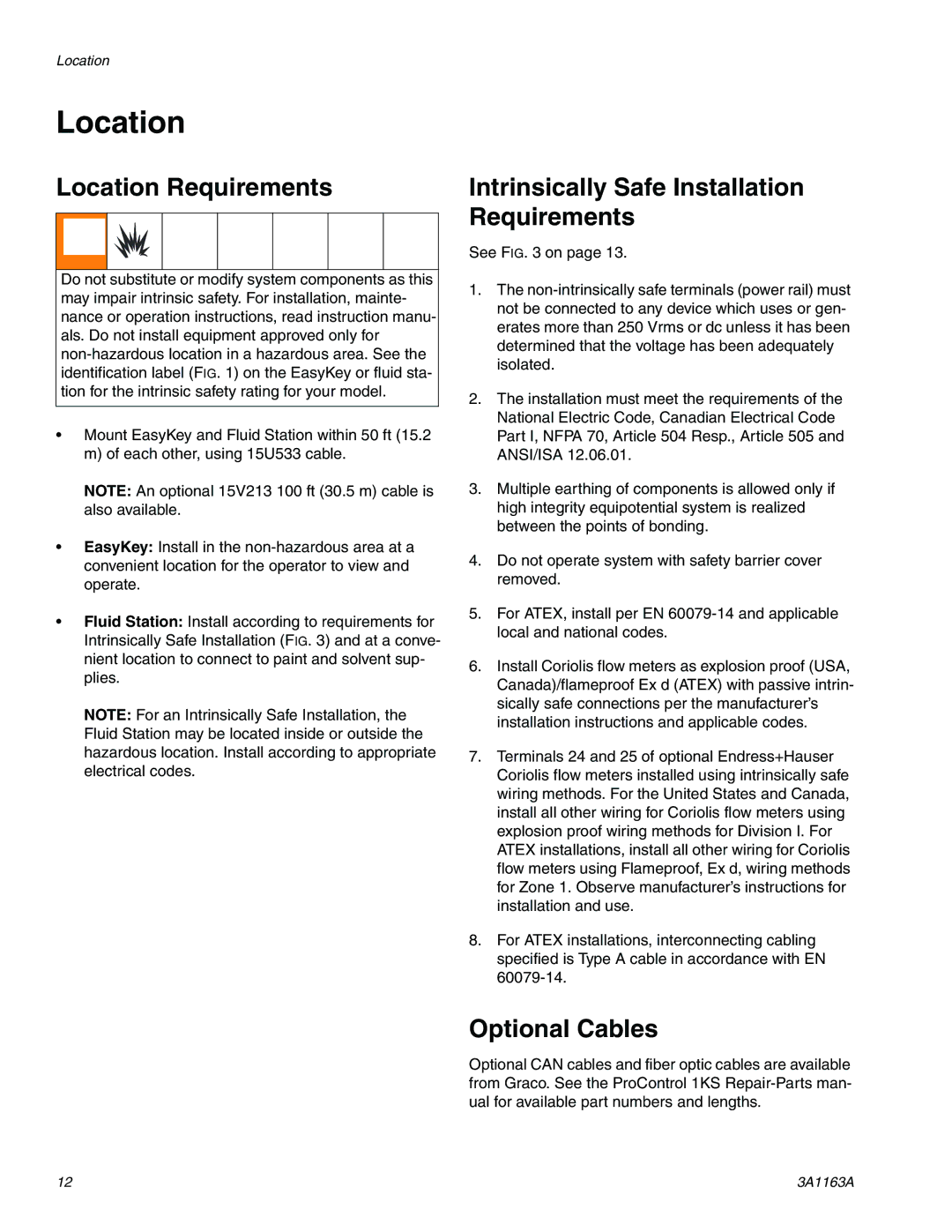 Graco 3A1163A Location Requirements, Intrinsically Safe Installation Requirements, Optional Cables 