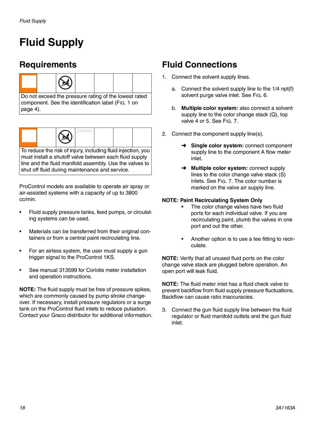 Graco 3A1163A important safety instructions Fluid Supply, Fluid Connections 