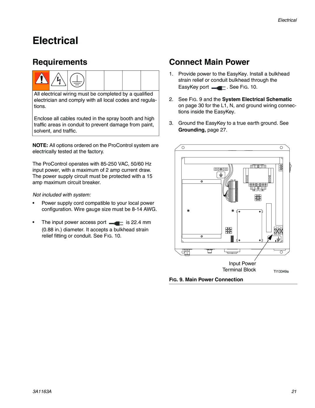 Graco 3A1163A important safety instructions Electrical, Requirements Connect Main Power 