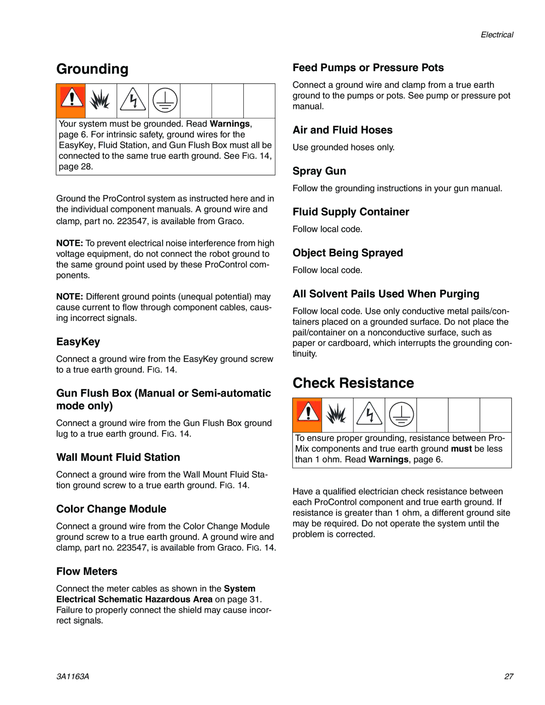 Graco 3A1163A important safety instructions Grounding, Check Resistance 