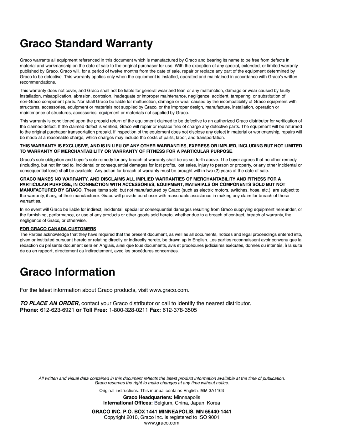 Graco 3A1163A important safety instructions Graco Standard Warranty, Graco Information 